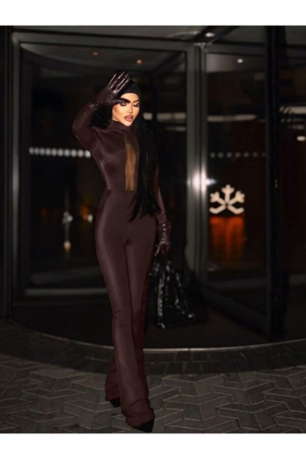 Scuba Fabric Tulle Long Sleeved Spanish Cuff Jumpsuit with Hidden Zipper