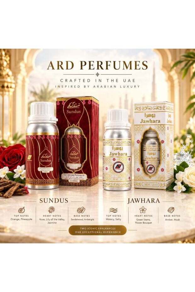 Sandal Rose & Sundus Concentrated Perfume Oil Combo Set, 100ml x 2 – Oriental & Woody Fragrance Duo