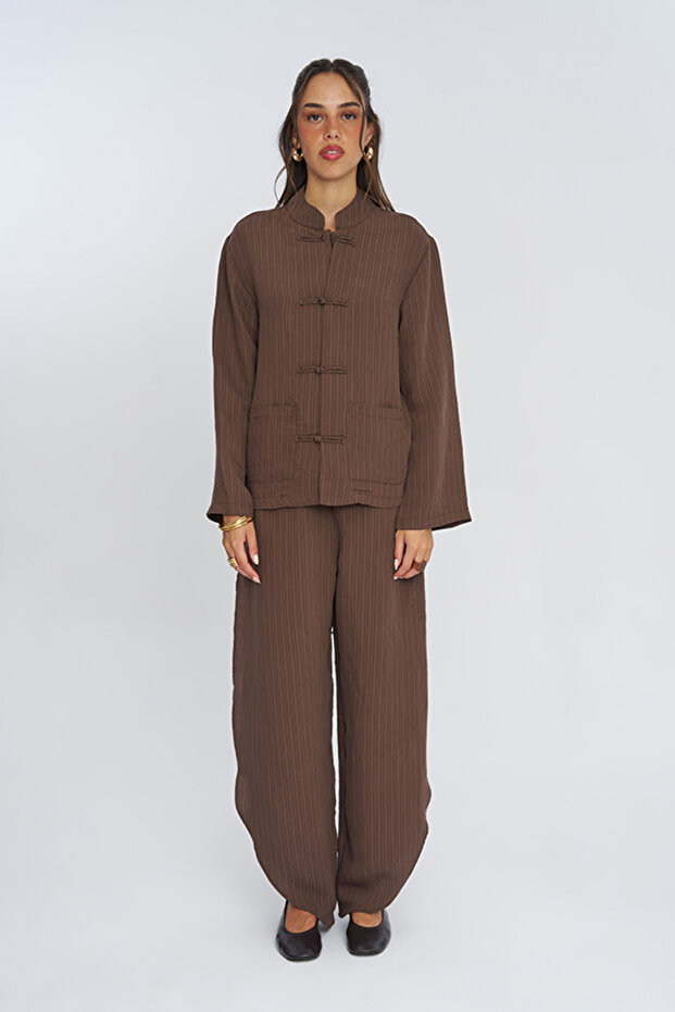 Women's Chinese Collar Authentic Button Detailed Striped Coffee Shirt