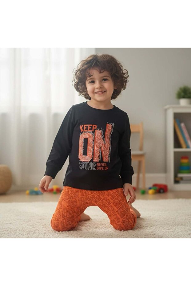 Boy's Cotton Keep on Printed Long Sleeve Black Color 2-Piece Set Cb1068