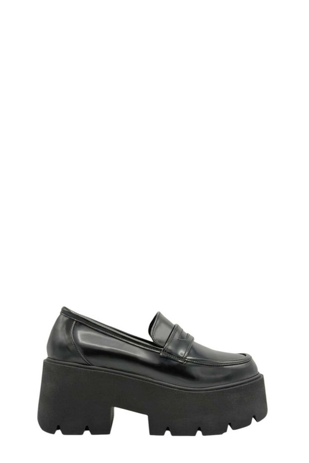 Black Open Leather High Sole Women's Loafer Shoes (045 2609090)