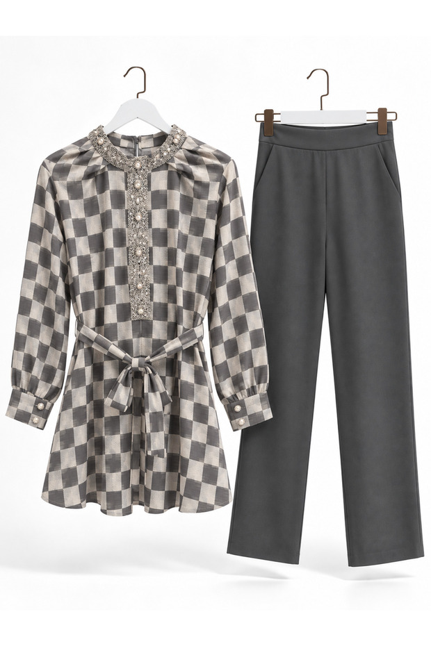 Stone Embroidered Plaid Double Suit