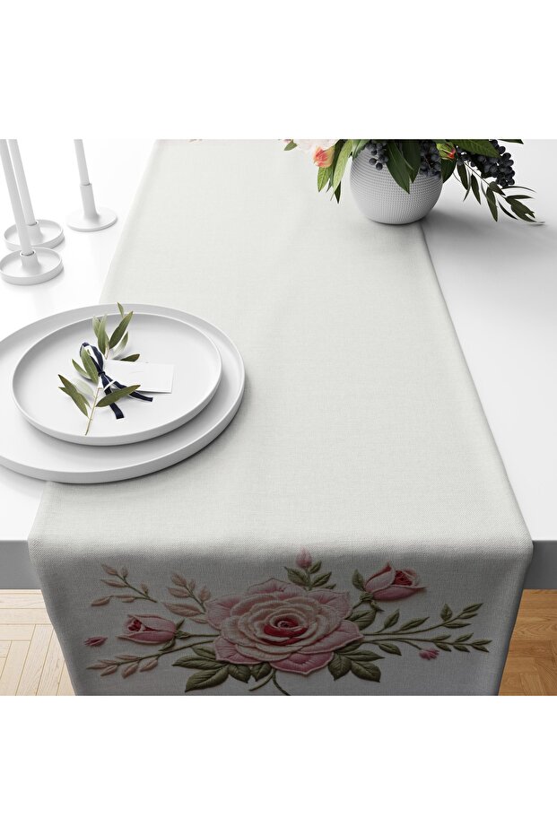 Digital Printed Runner - Floral Pattern / Embroidery Look / Spring Series - 140X40 cm