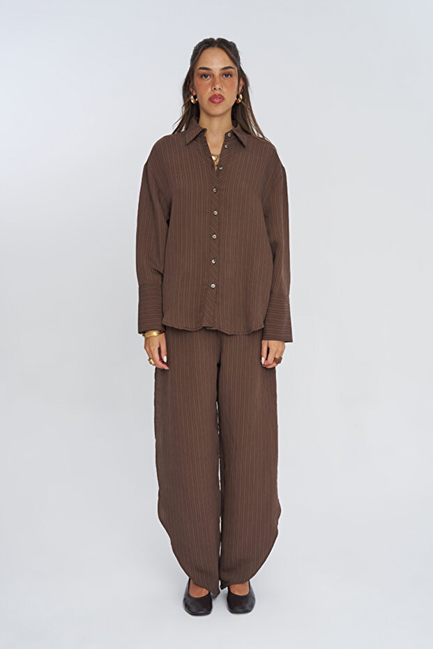 Women's Buttoned Authentic Striped Brown Shirt
