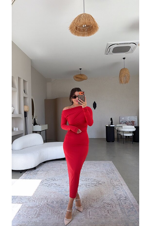 Red Polyamide Fabric Draped Midi Dress