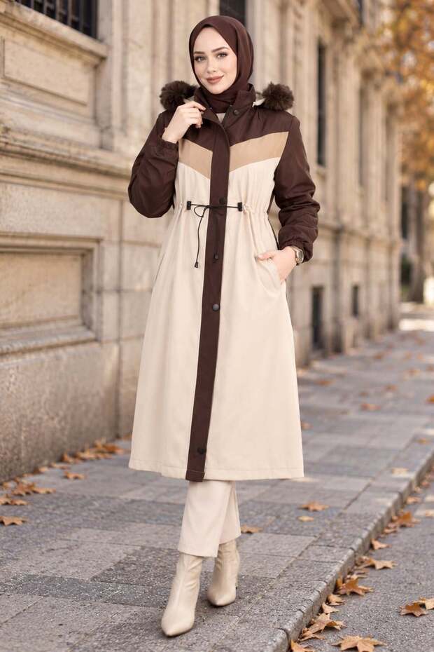 Plush Lined Colorful Garnished Coat Brown Hm2963