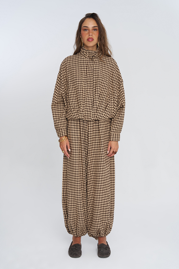 Women's Gingham High Collar Draped Jacket