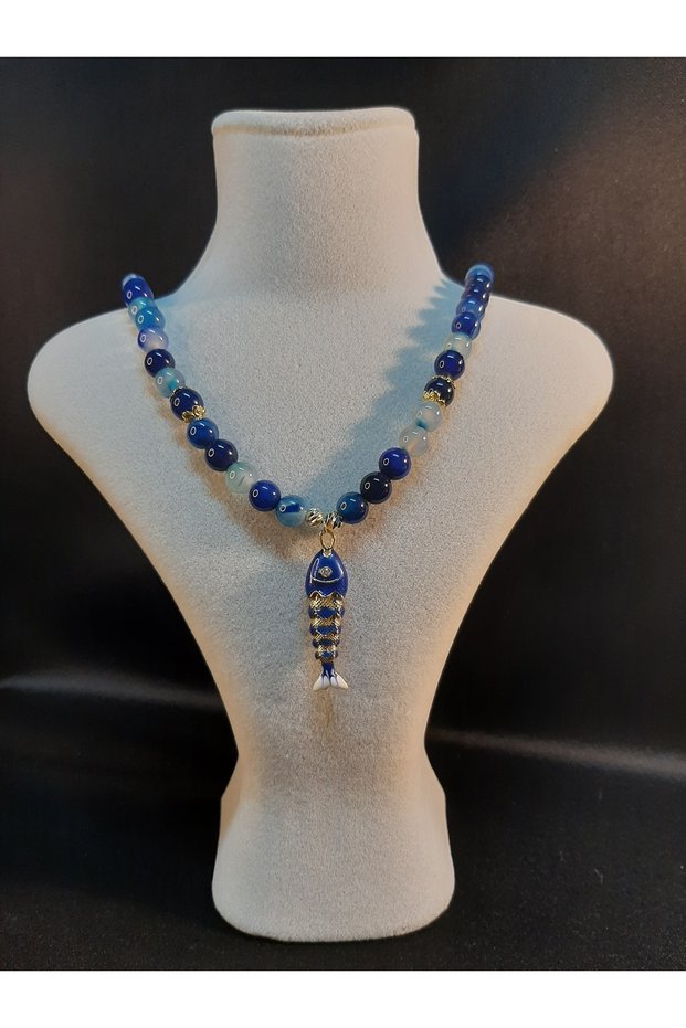 Navy Blue and White Mix Fish Detailed Agate Stone Necklace