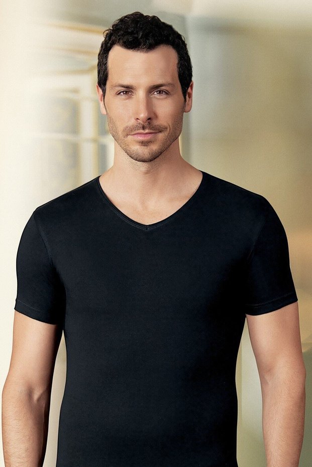 Men's Black Lycra Short Sleeve V-Neck Undershirt