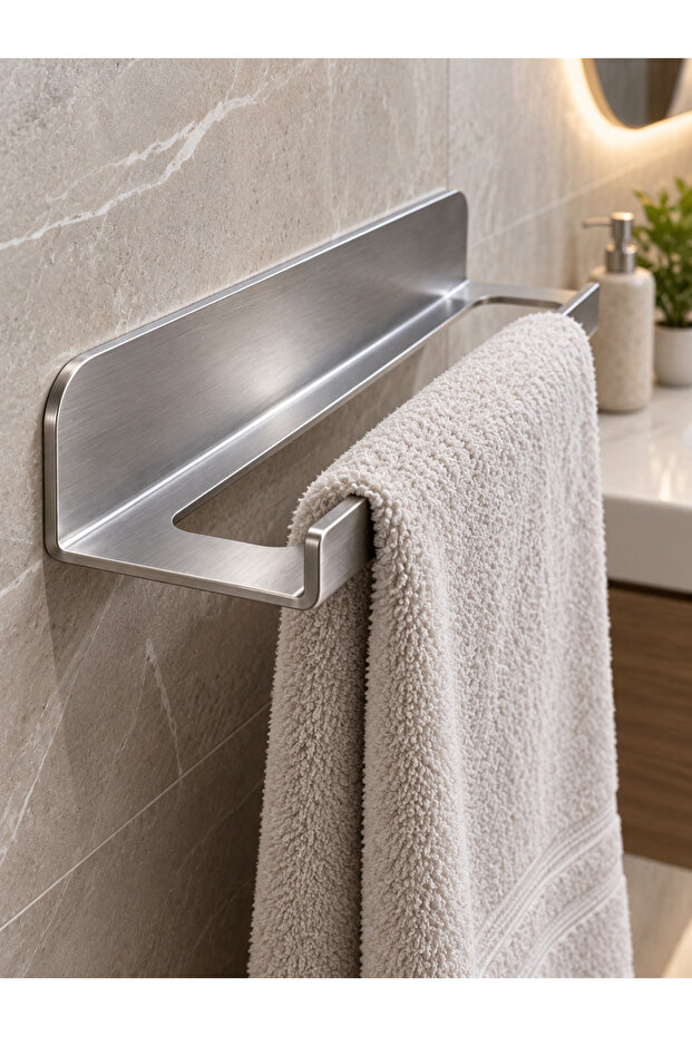 Stainless Steel Adhesive Towel Holder, Mounting Without Drilling, Strong Adhesive Bathroom Towel Rack, Single