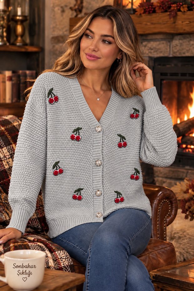 Women's Cherry Embroidered Embossed V-Neck Buttoned Knitwear Cardigan - Autumn/Winter Season Oversize Knitted Cardigan