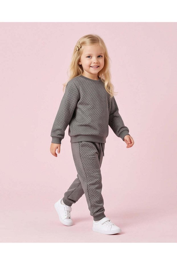 Girls Charcoal Polka Dot All Over Print Jogging Set