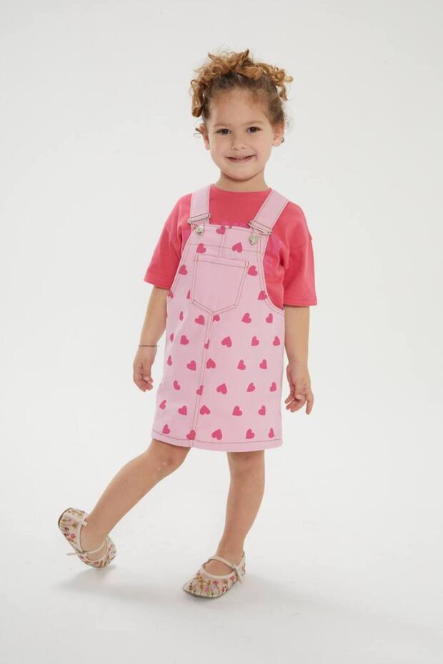 Girl's Cotton Heart Patterned Pink Denim Gilet