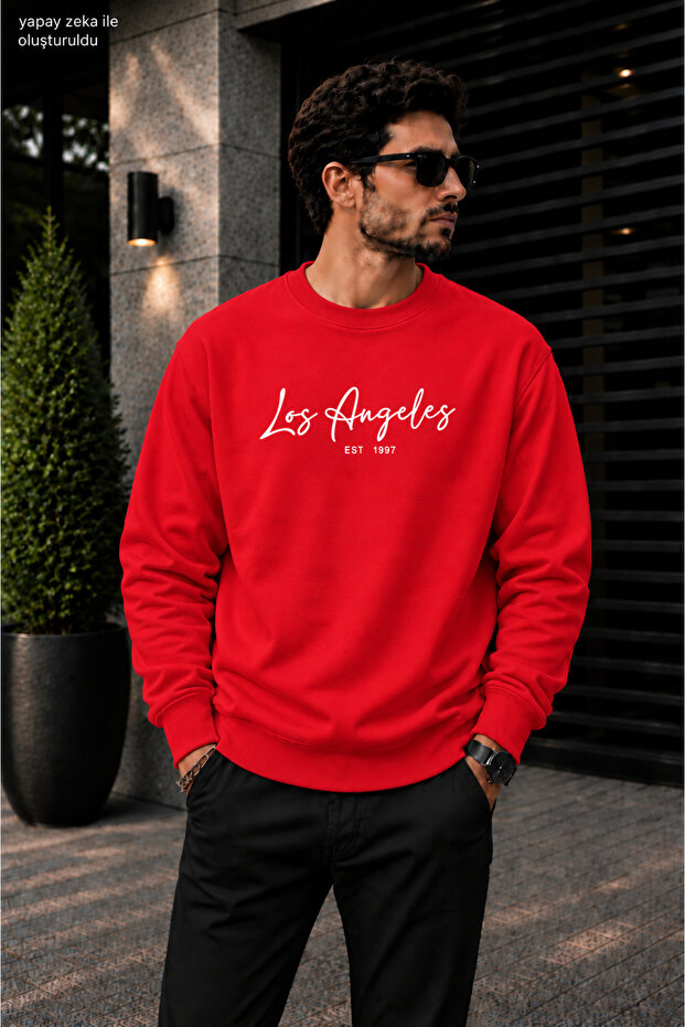Men's Los Angeles Calligraphy Written Crew Neck Casual Regular Fit Sweatshirt