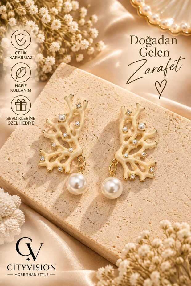 Deer Model Pearl Cream Color Stainless Steel Earring Set