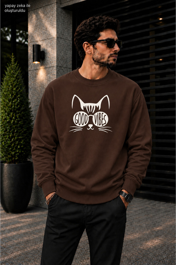 Men's Printed Crew Neck Casual Regular Fit Sweatshirt with Cat Illustration and Glasses