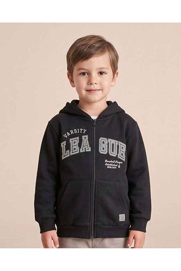 Boys Black Graphic Print Hooded Sweatshirt