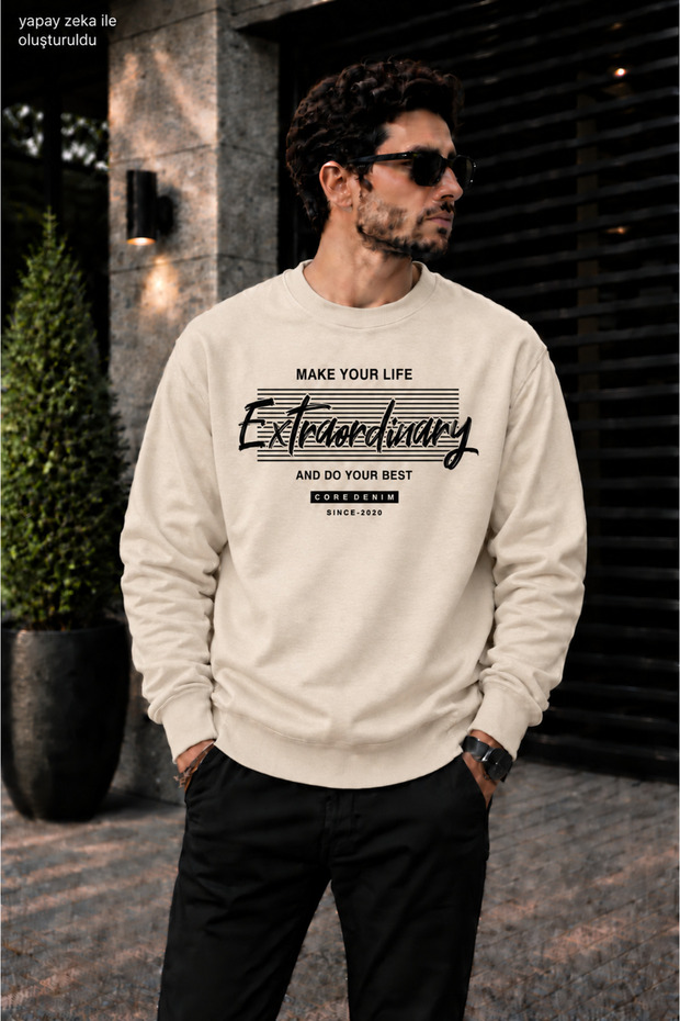 Men's Extraordinary Typographic and Striped Typography Printed Crew Neck Casual Regular Fit Sweatshirt