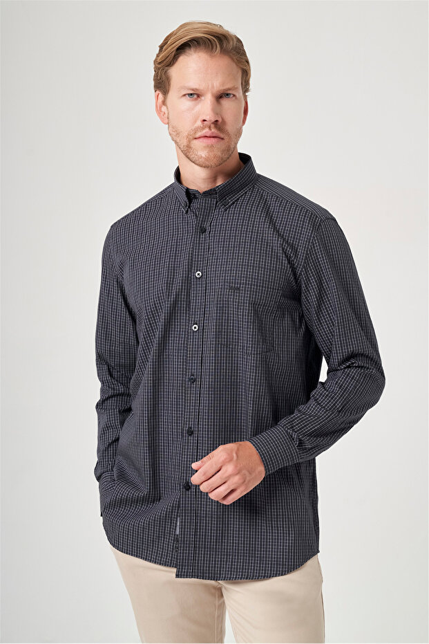 Black-White Buttoned Collar Long Sleeve Pocketless Slim Fit 100% Cotton Shirt 1004260204