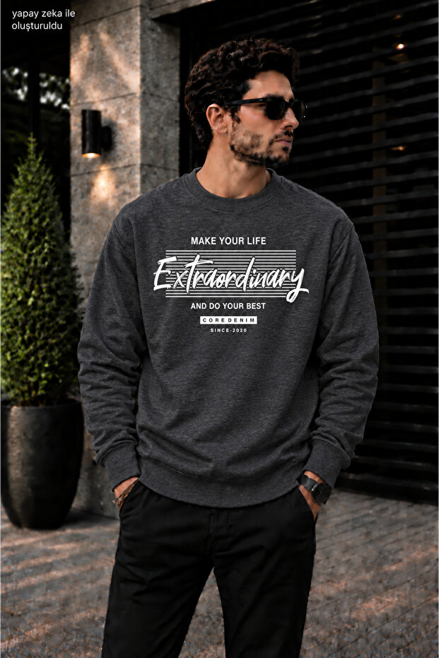 Men's Extraordinary Typographic and Striped Typography Printed Crew Neck Casual Regular Fit Sweatshirt
