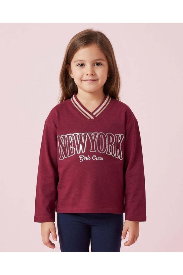 Girls Burgundy Varsity Print T-Shirt