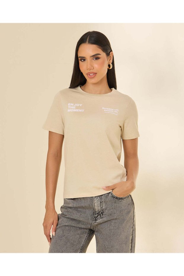 Women Beige Printed Crew Neck T-Shirt