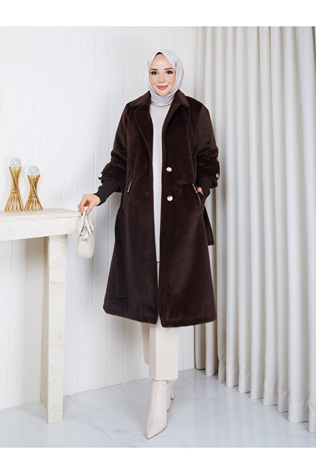 Fox Fabric Button Detail Double-Breasted Collar Soft Textured Women's Long Tunic Coat