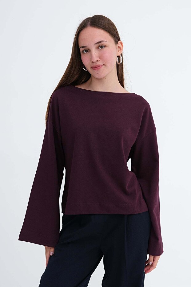Kayık Neck Long Sleeve Basic T-Shirt B06046