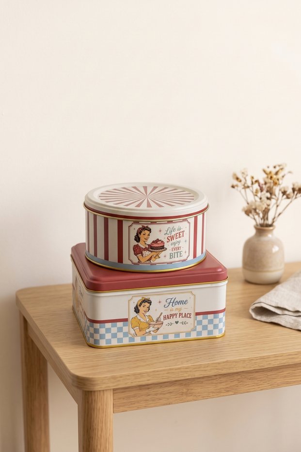 Square Round 2-Piece Metal Decorative Box, 158X158X80 Mm, Ø140X66 mm / Retro American