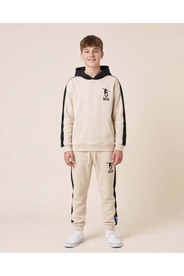 Senior Boys Beige Printed Hoodie Jogger Set