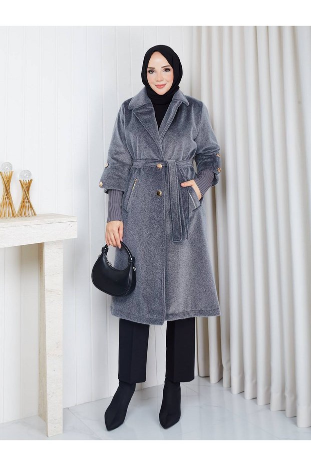 Fox Fabric Button Detail Double-Breasted Collar Soft Textured Women's Long Tunic Coat