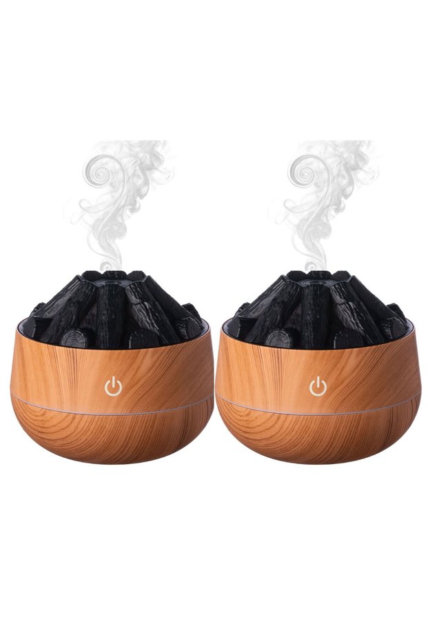 2 Pieces Air Humidifier, Aroma Diffuser Fireplace Look Flame Steam Machine Brown