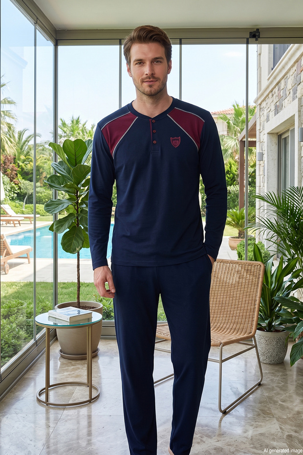 Men's Long Sleeve Combed Cotton Pajama Set 3050 Navy Blue02