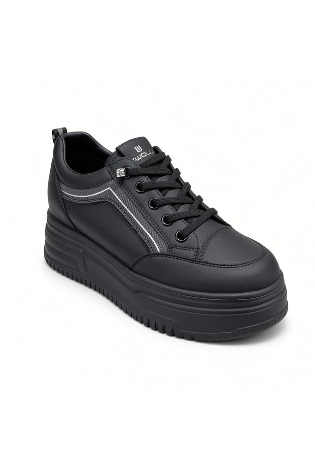 Women's Black Platform Sneaker 5 cm Heel - Lace-Up Thick Sole Casual Shoes