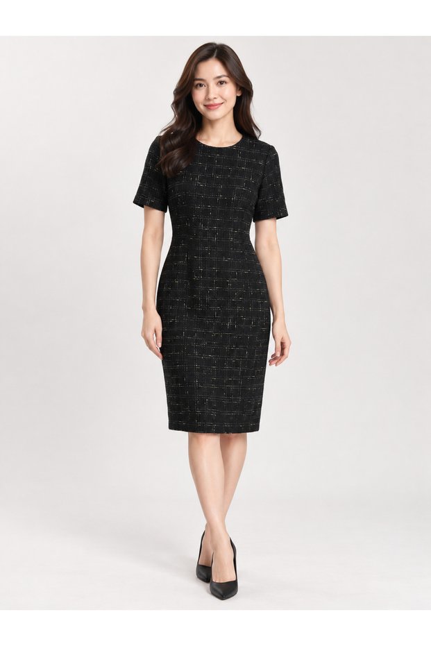Metallic Thread Detailed Short Sleeve Tweed Pencil Dress