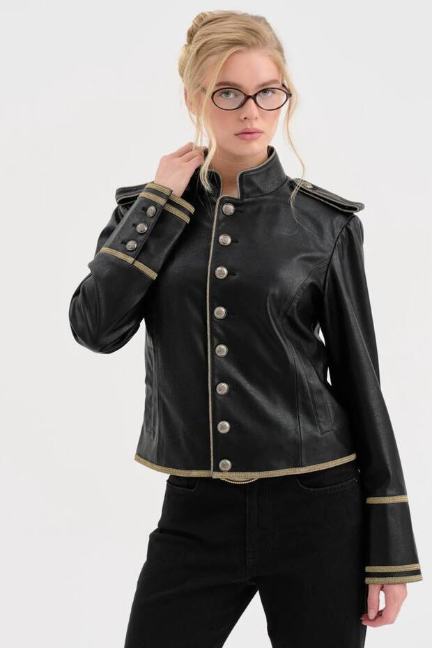 Women's Leather Napoleon Style Jacket with Detailed Interlining and Lined Design