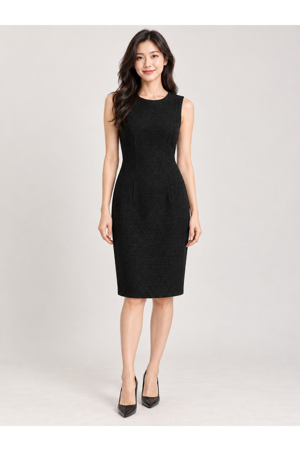 Sleeveless Round Neck Low-Cut Slit Pencil Dress Black
