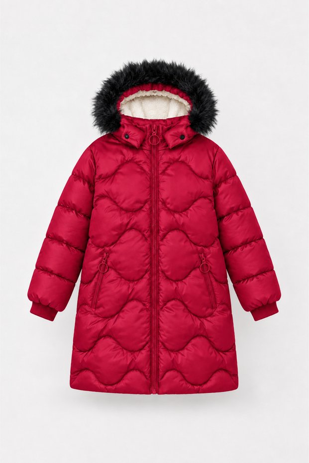 Girl's Hooded Furry Long Quilted Winter Puffer Coat - Red