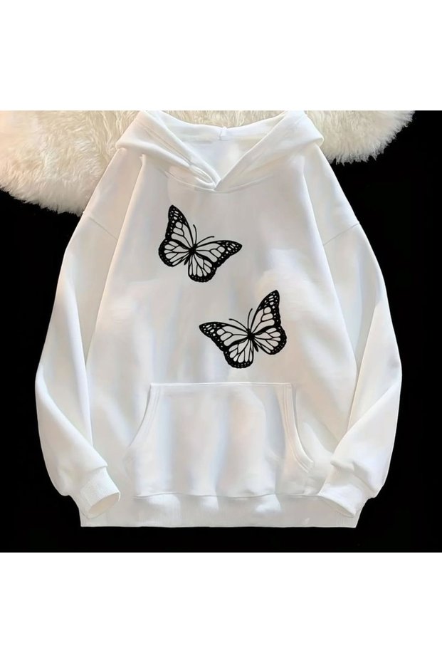 Butterfly Printed Cotton 3 Thread Threaded Oversize Sweatshirt