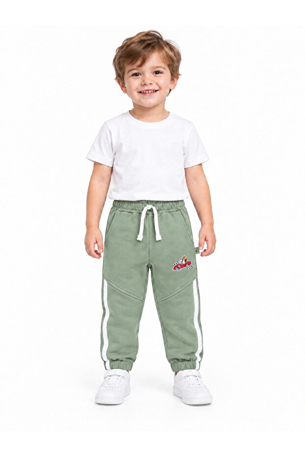 16009-26 Boy's Car Embroidered White Striped Elastic Jogger Pants 1–4 Years