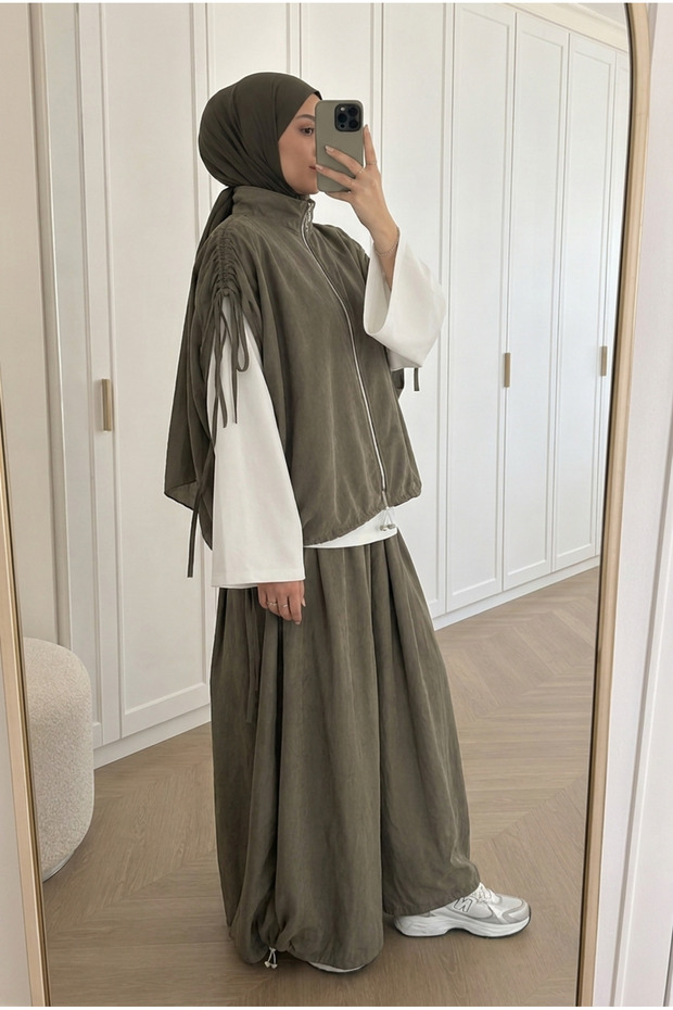 Women's Nubuck Textured Zippered Vest Tunic Balloon Pants Triple Set