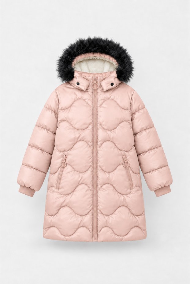 Girl's Hooded Furry Long Quilted Winter Puffer Coat - Powder