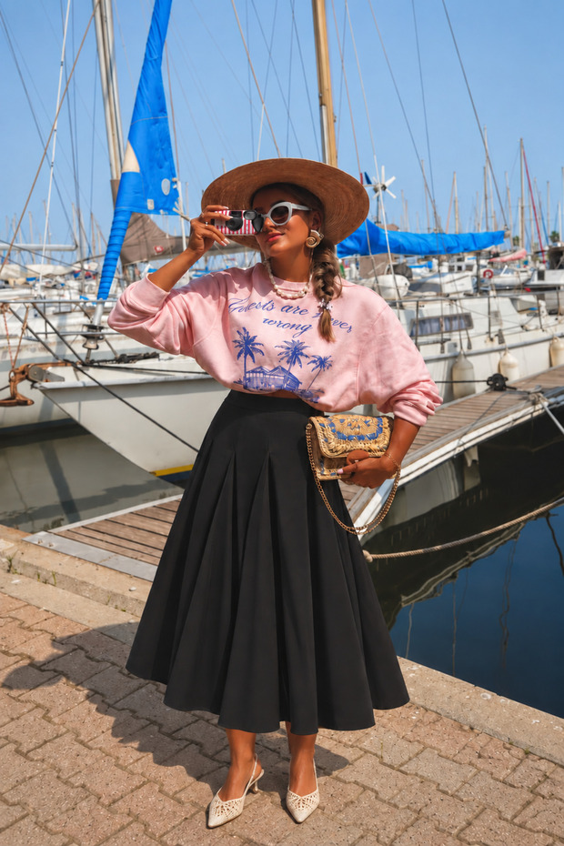 Black High Waist Pleated Midi Length A-Line Long Skirt