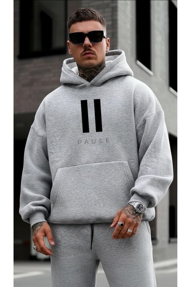 Erkek Pause Print Design Trendy Oversize Hooded Sweatshirt Relaxed Fit Casual Sports