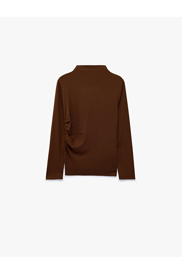 Long Sleeve Gathered Modal Blend Ribbed High Neck T-Shirt