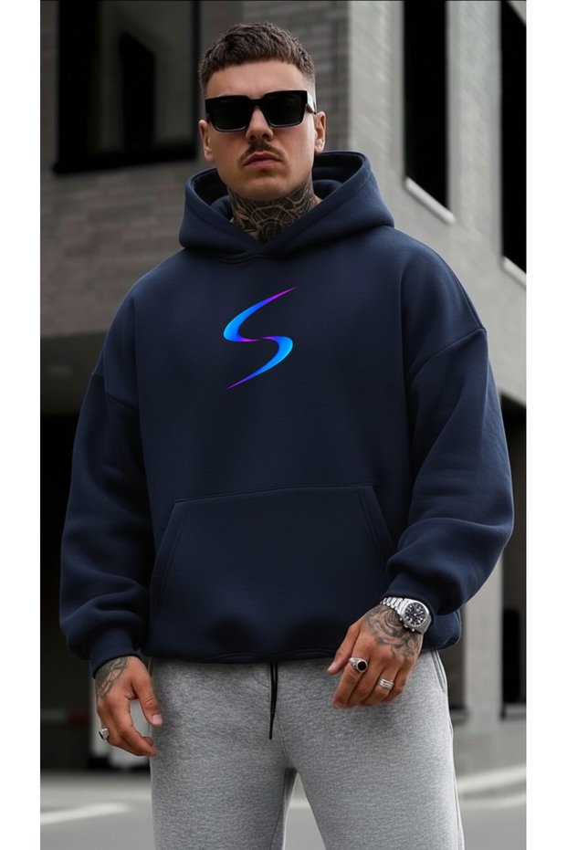 Men's S Trendy Oversize Hooded Sweatshirt with Print Design Relaxed Fit Casual Sports