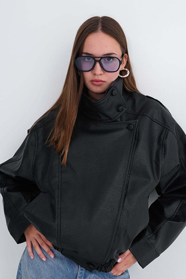 High Collar Faux Leather Jacket C02682