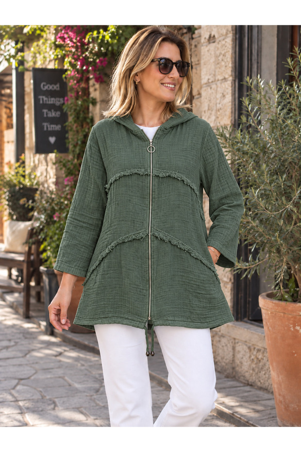 Women's Ankle-Length Muslin Fabric Tassel Detailed Zippered Hooded Shirt 40-48