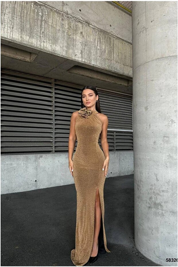 Bicycle Slit Fish Tail Evening Dress with Collar Cutout