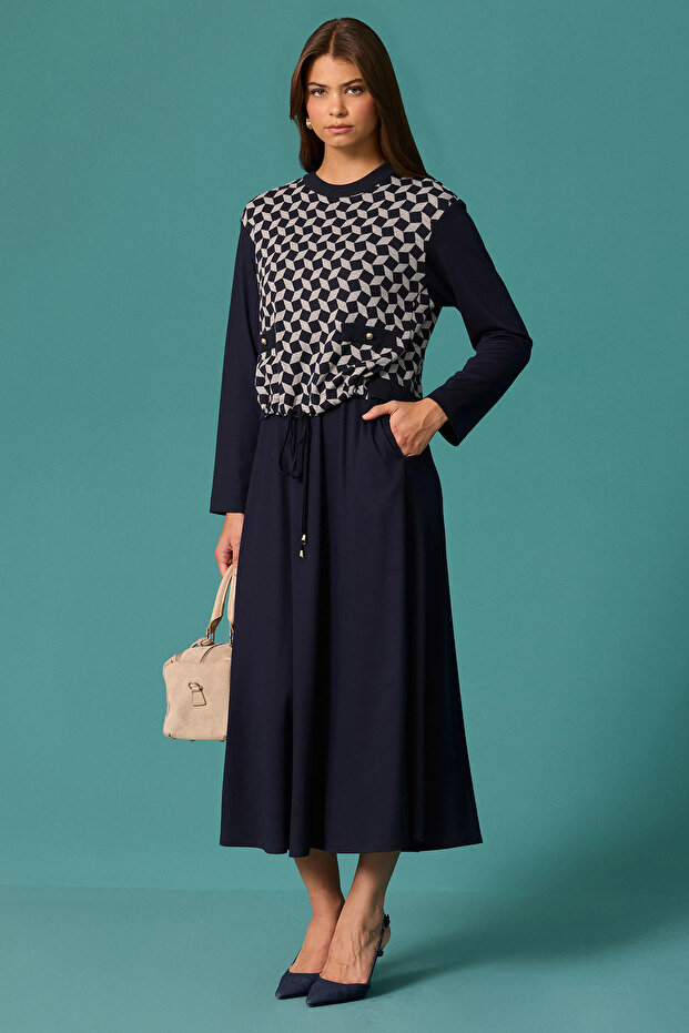 Women's Patterned Lace Waist Detailed Dress Navy Blue